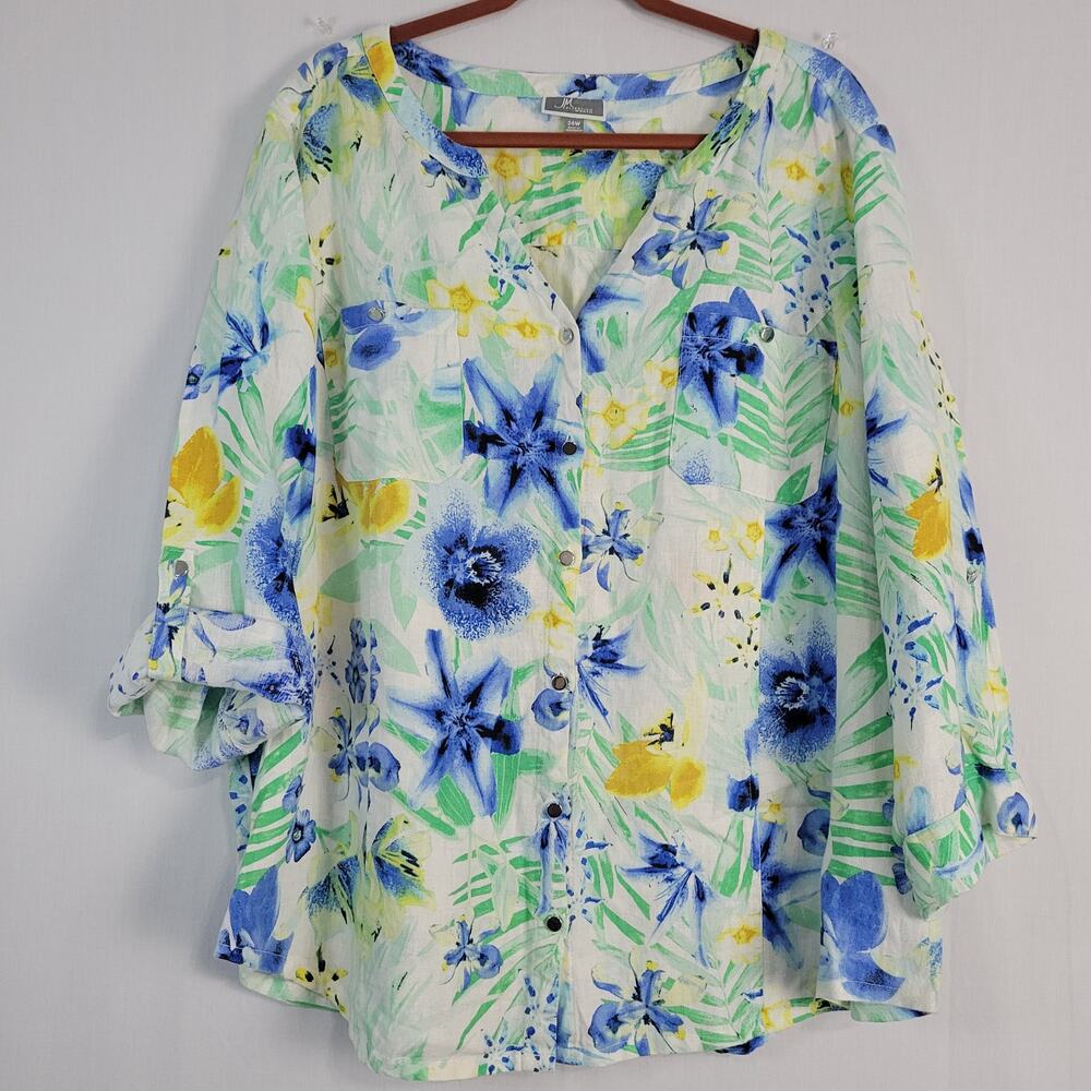 Floral 100% Linen Roll Tab Sleeve Button Up Top size 24W Multi Tropical Vacation